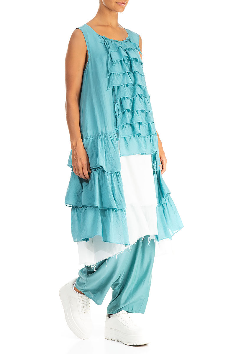 Ruffled Layered Turquoise Silk Cotton Tunic 3