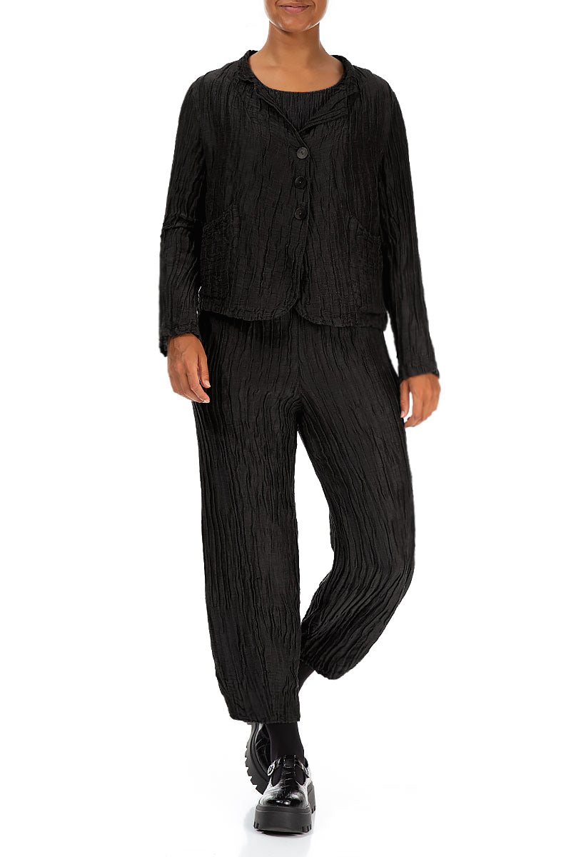 Short Crinkled Black Silk Linen Jacket 4