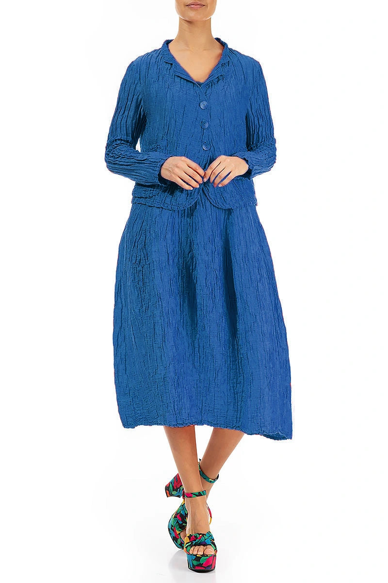 Veste courte en soie et lin bleu cobalt froissé