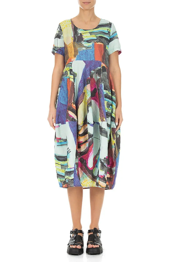 Short Sleeves Balloon Abstract Linen Dress 1