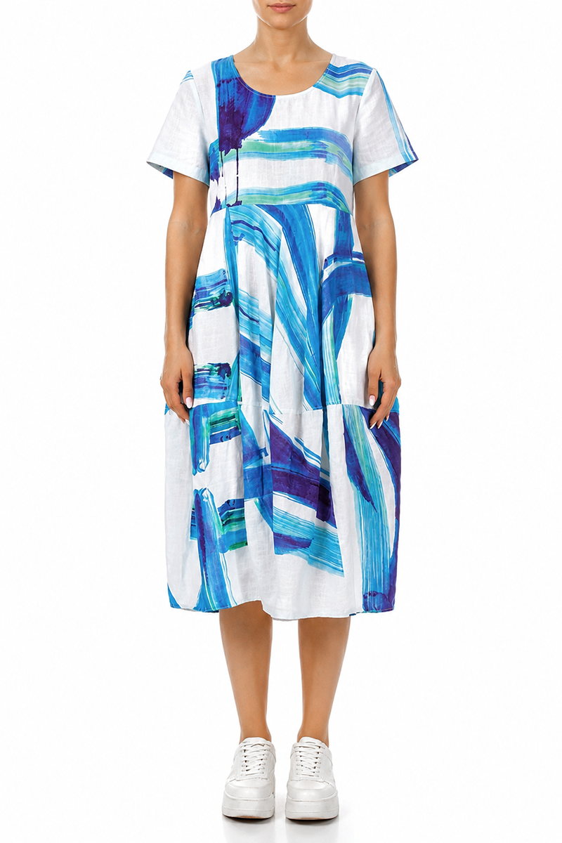Short Sleeves Balloon Blue Brushstroke Linen Dress