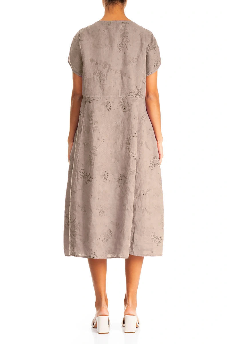 Short Sleeves Beige Blossom Linen Dress 2