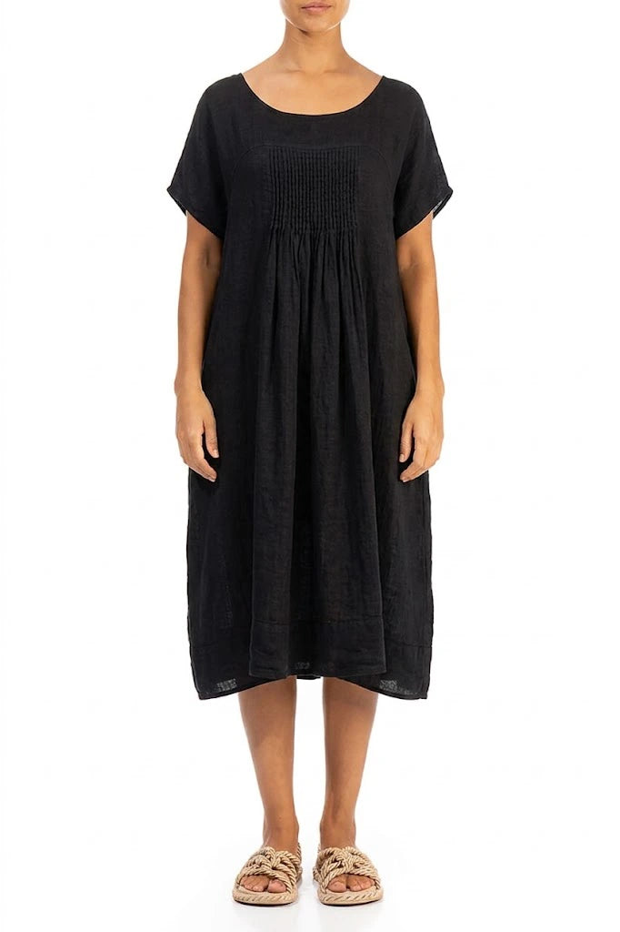 Short Sleeves Black Gauze Linen Midi Dress  grizas.com