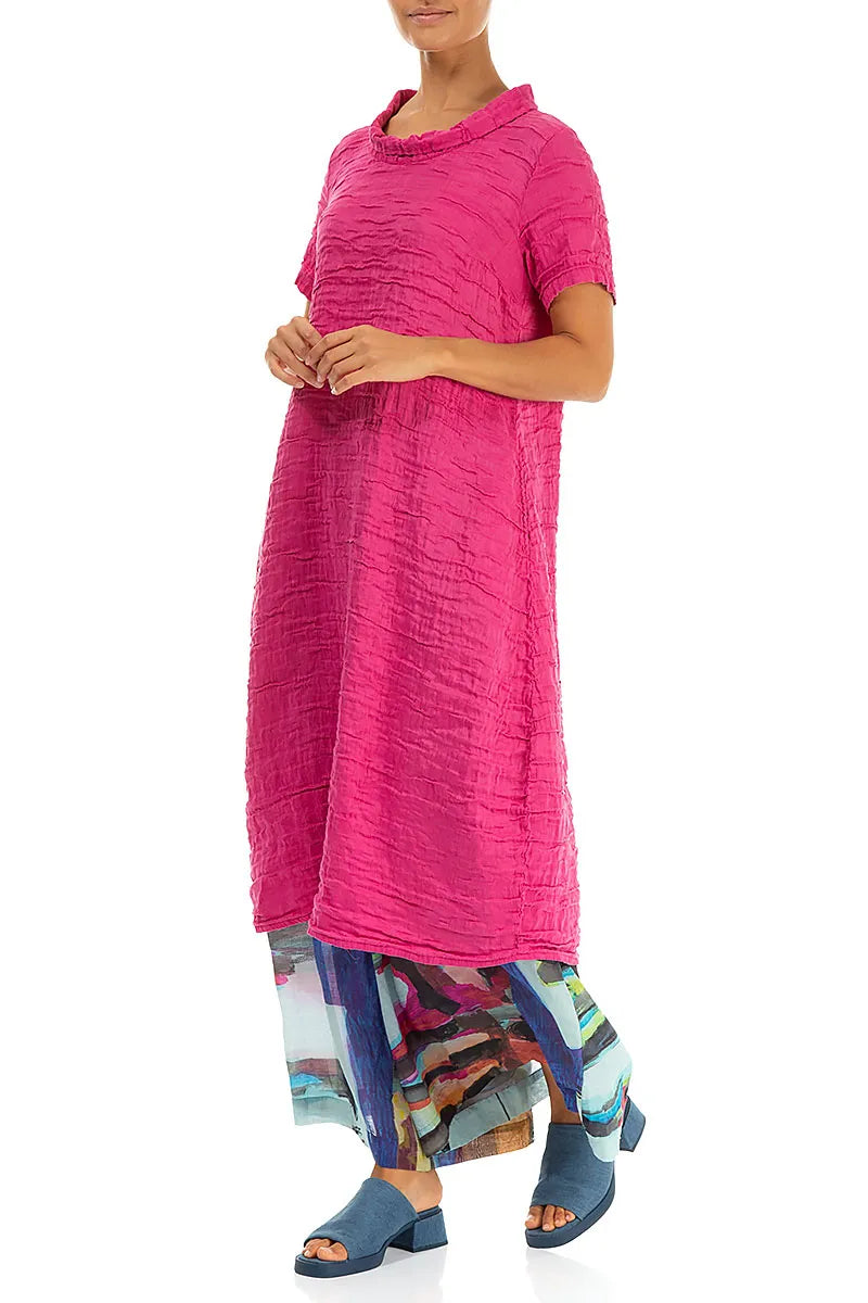 Short Sleeves Cowl Neck Fuchsia Crinkled Silk Linen Dress 6