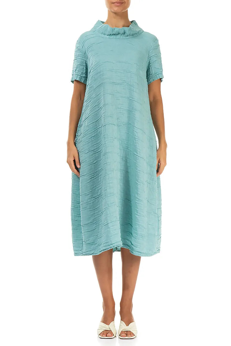 Short Sleeves Cowl Neck Mint Crinkled Silk Linen Dress – grizas.com