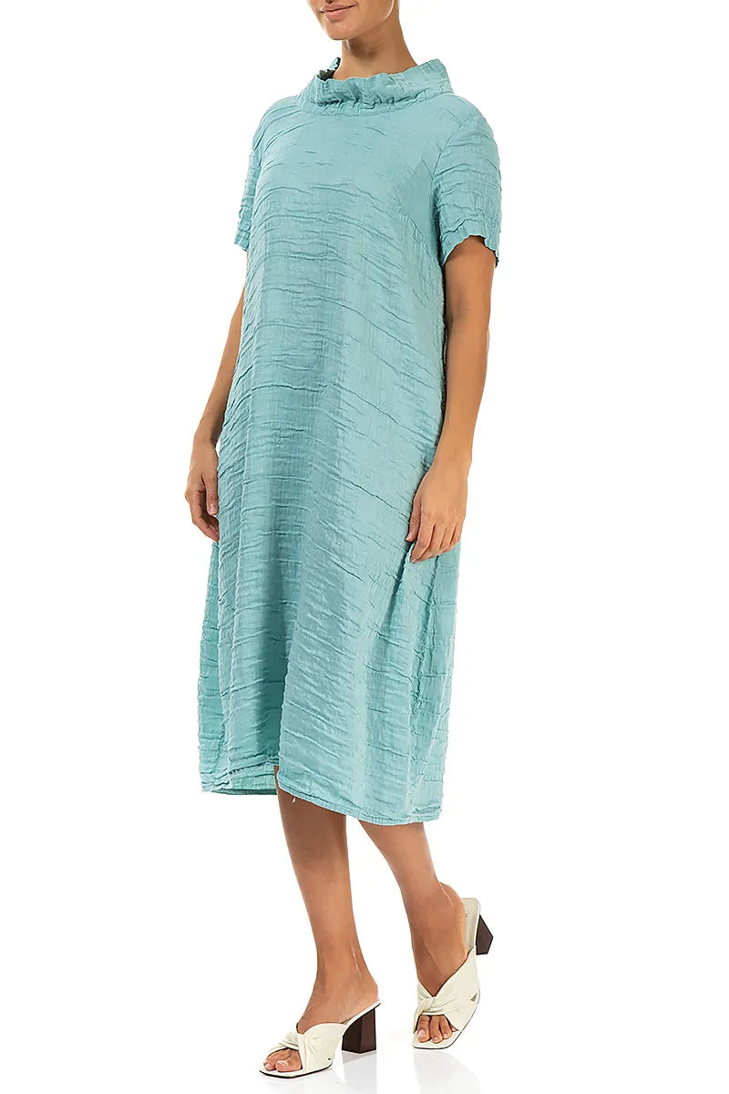 Short Sleeves Cowl Neck Mint Crinkled Silk Linen Dress 3