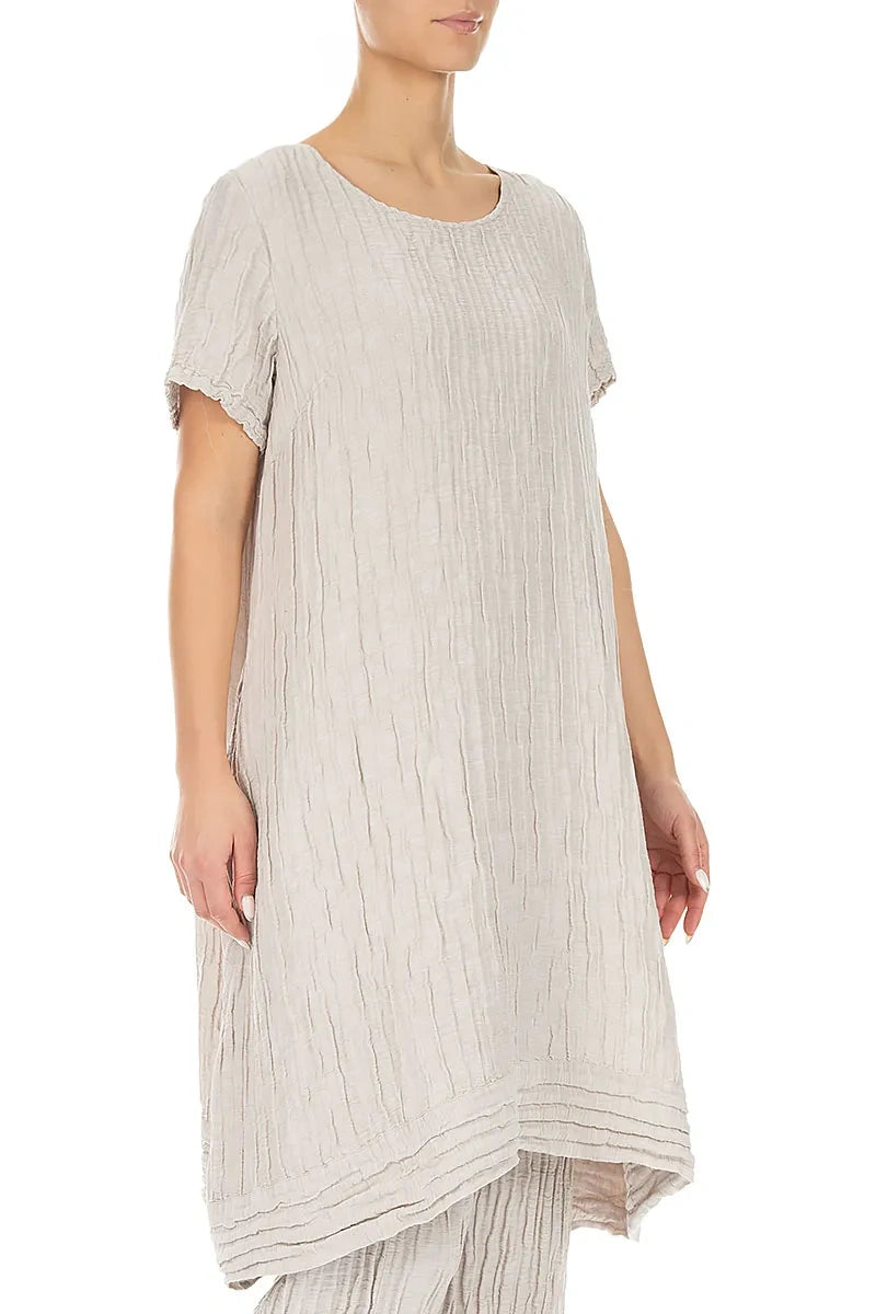 Short Sleeves Crinkled Beige Silk Linen Tunic Dress 3