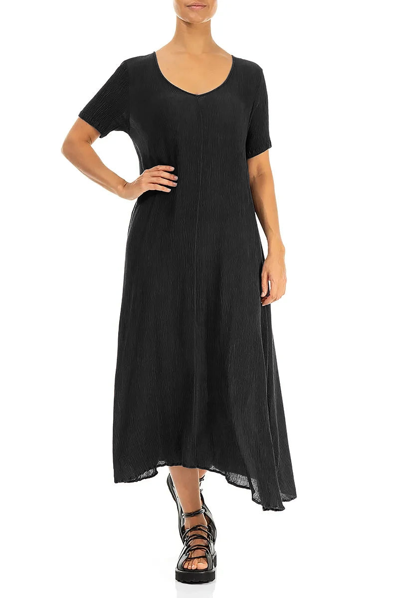 Robe courte évasée en soie et viscose noire à manches courtes
