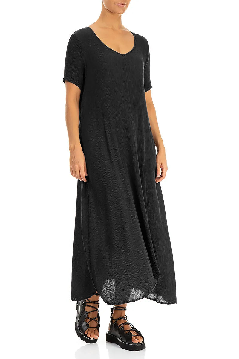 Robe courte évasée en soie et viscose noire à manches courtes
