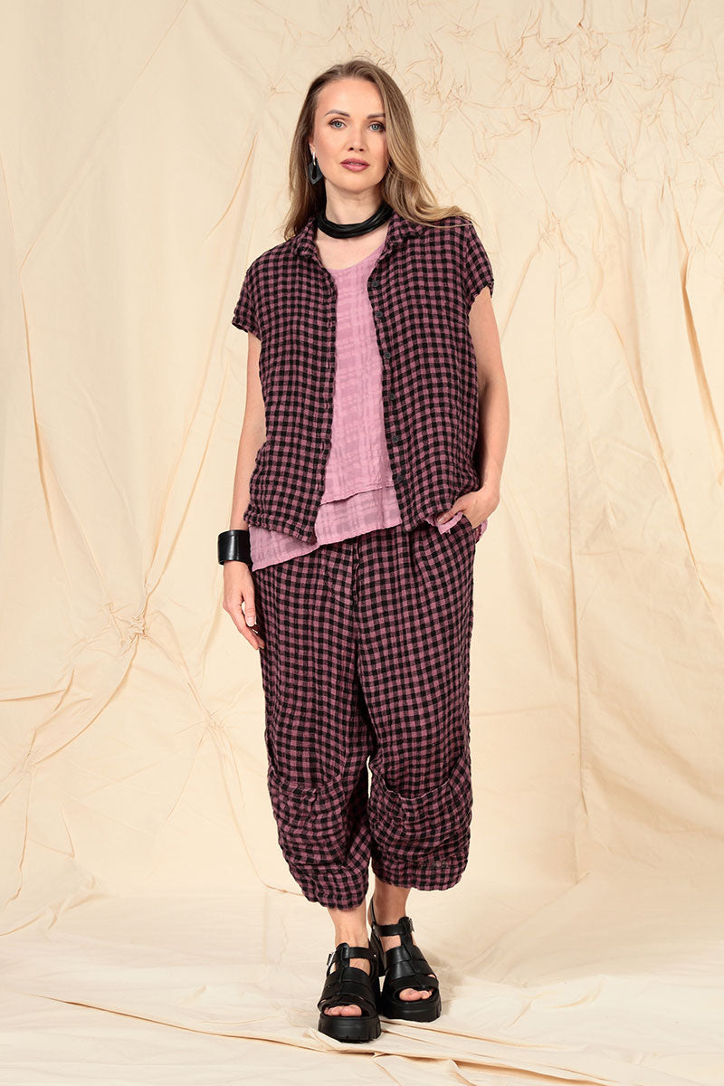 Short Sleeves Mauve Taupe Check Linen Jacket 7