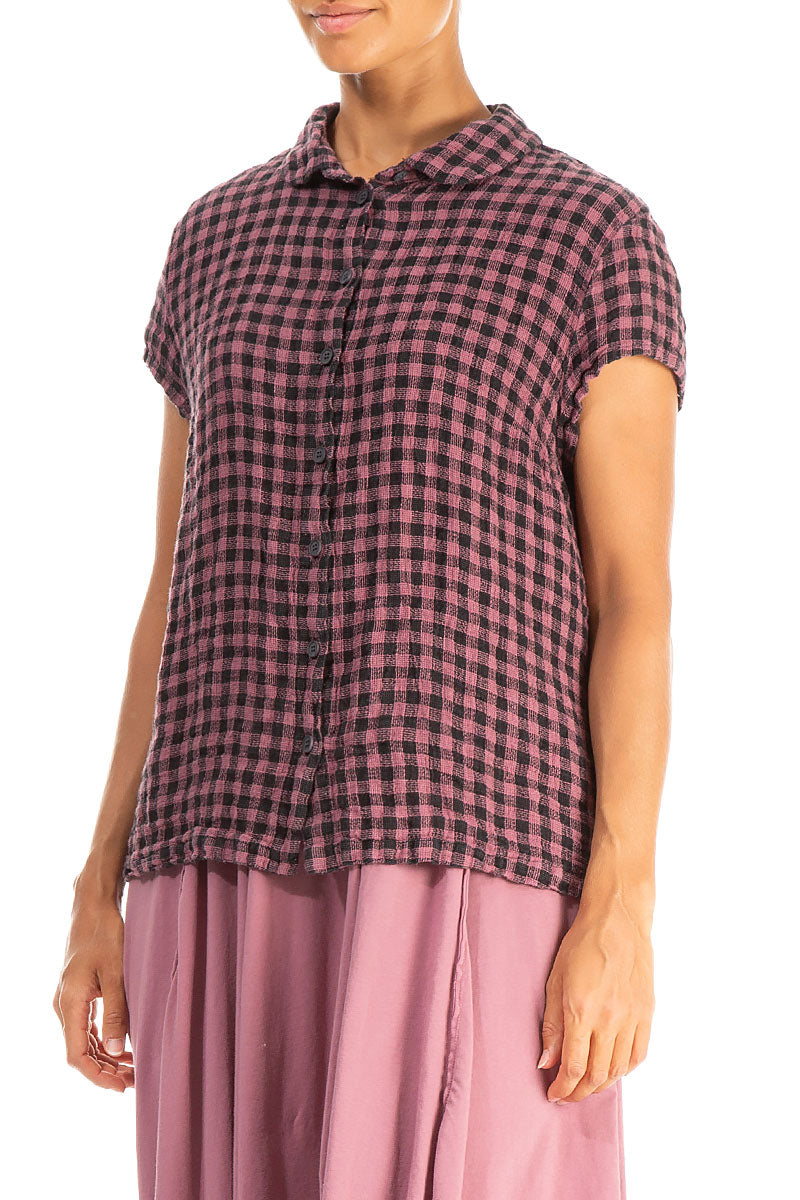 Short Sleeves Mauve Taupe Check Linen Jacket 3