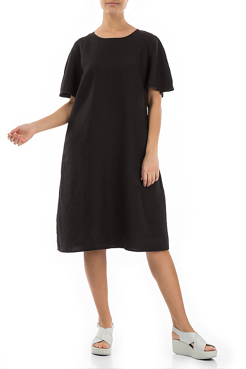 Short Sleeves Midi Black Linen Dress 4