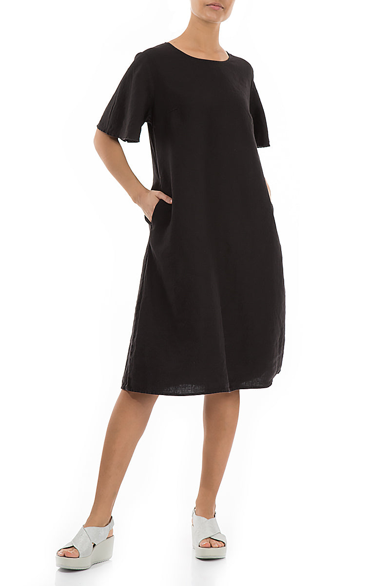 Short Sleeves Midi Black Linen Dress 3