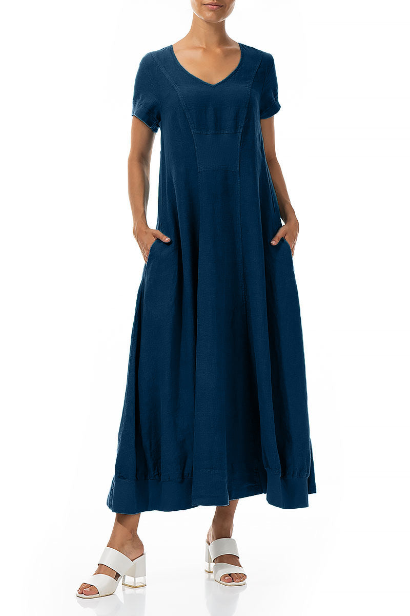 Short Sleeves Navy Linen Maxi Dress