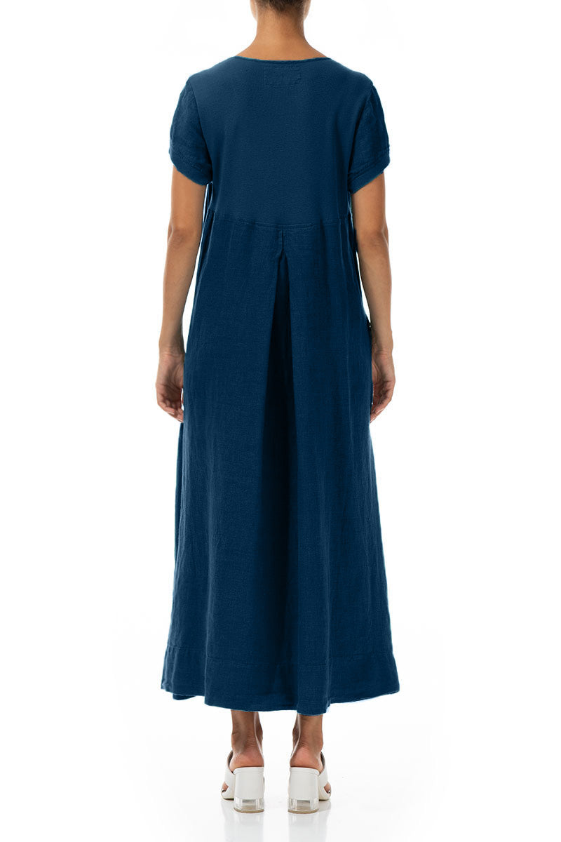 Short Sleeves Navy Linen Maxi Dress