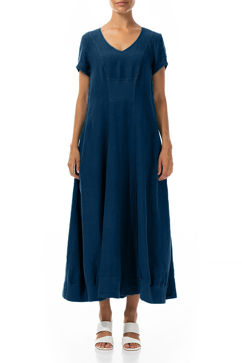 Short Sleeves Navy Linen Maxi Dress