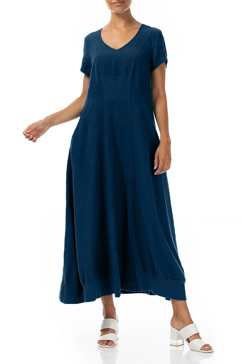 Short Sleeves Navy Linen Maxi Dress