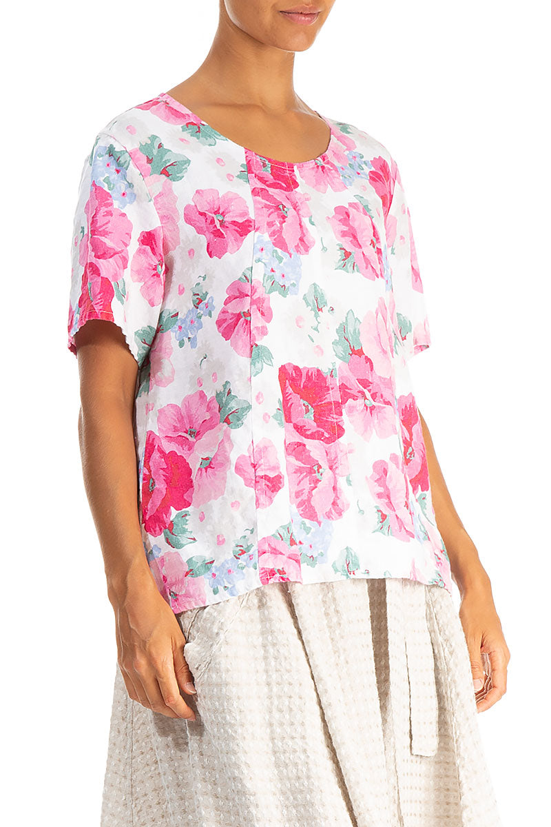 Short Sleeves Peony Blossom Linen Blouse 3