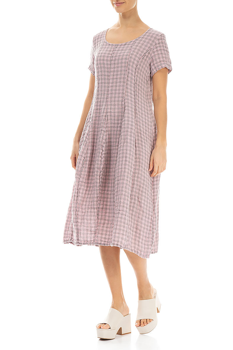 Short Sleeves Pink Check Linen Dress