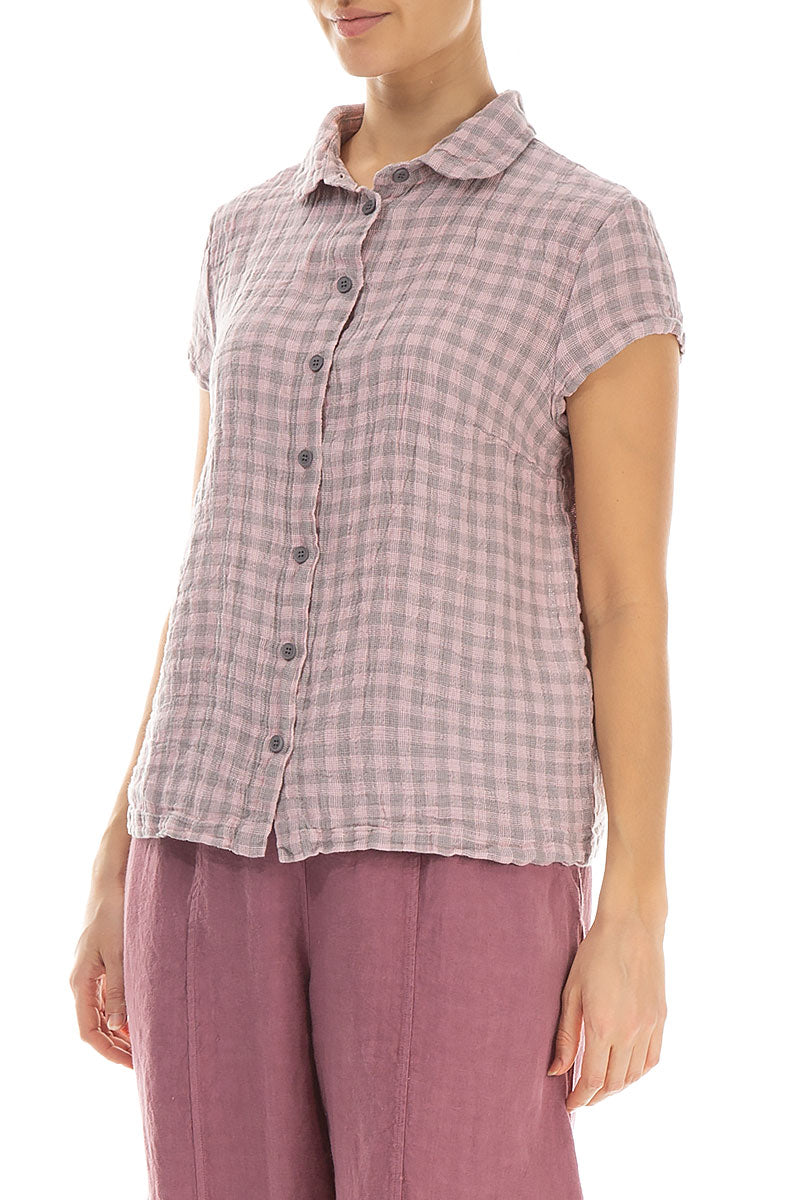 Short Sleeves Pink Check Linen Jacket 3