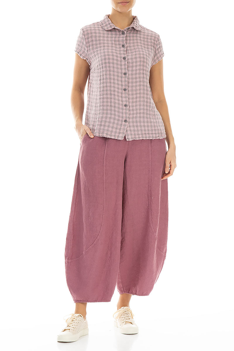 Short Sleeves Pink Check Linen Jacket 4