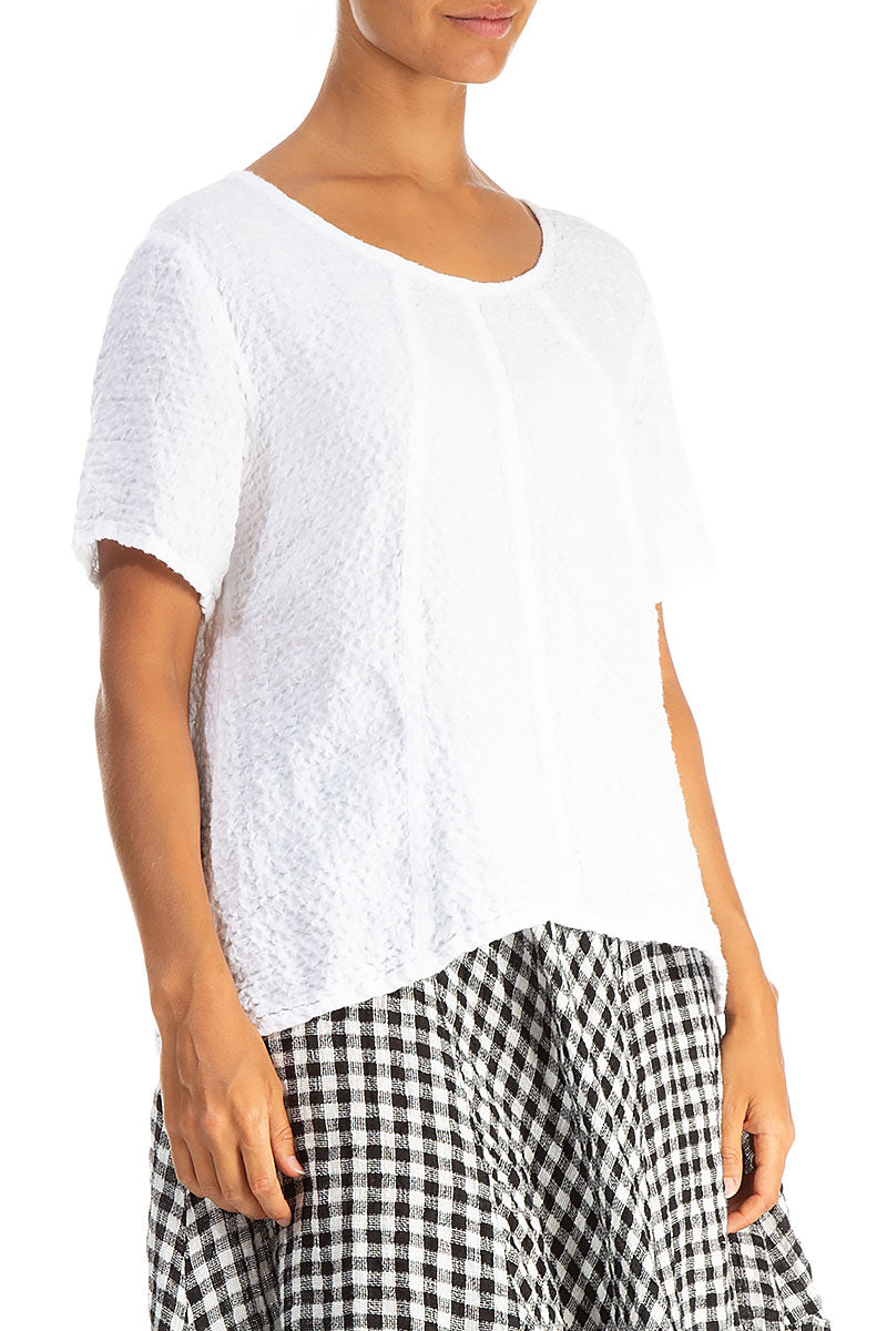 Short Sleeves Textured White Linen Blouse 3