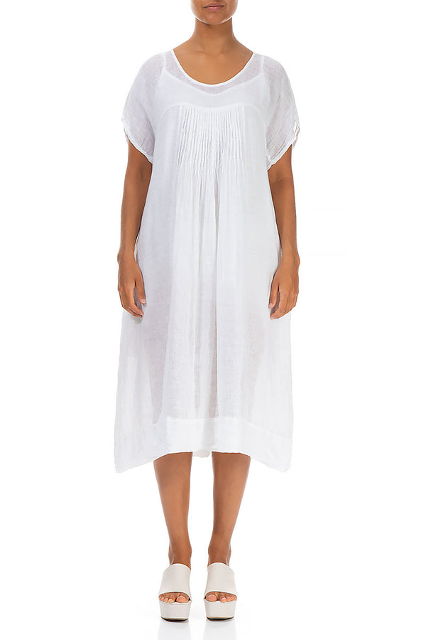Kurzarm-Midi-Kleid aus weißem Gaze-Leinen