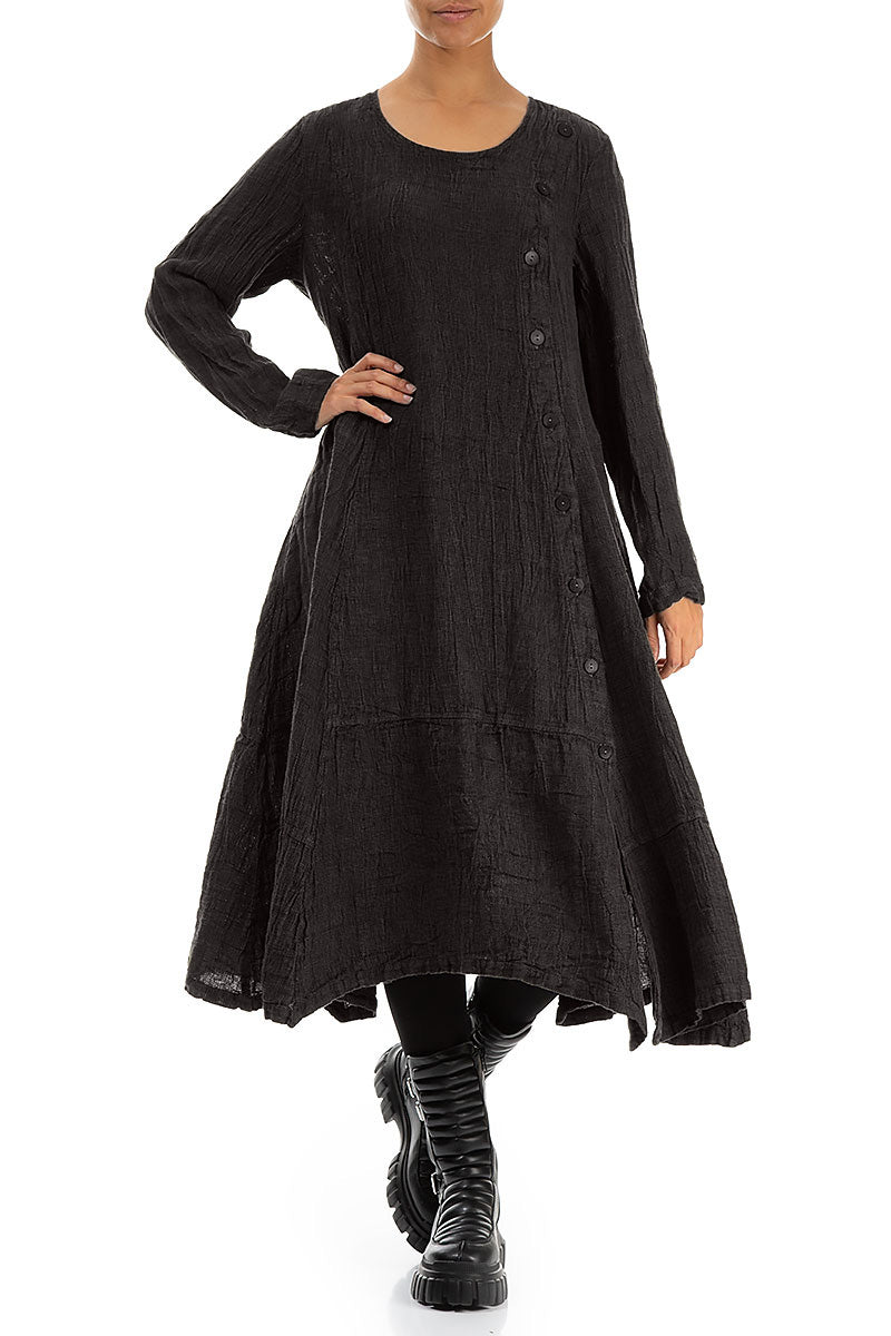 Side Buttons Forest Brown Mélange Linen Dress 4