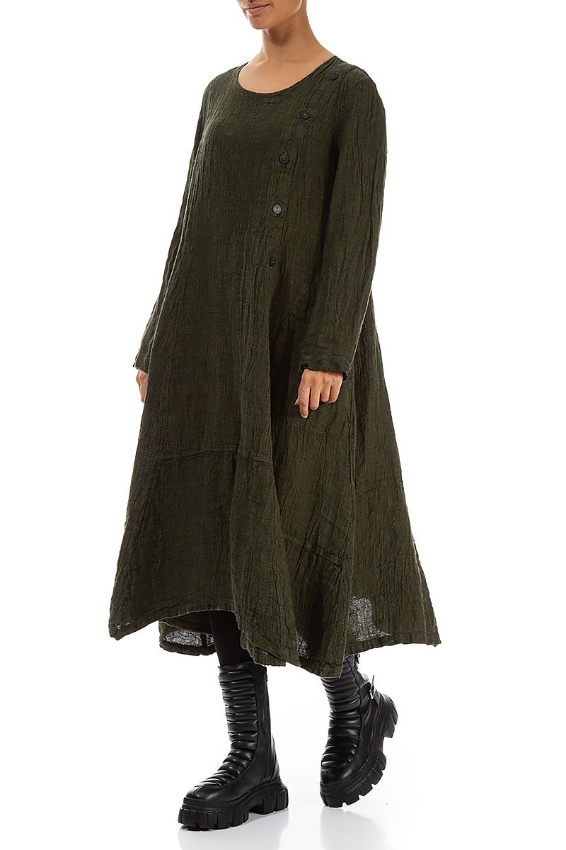 Side Buttons Olive Mélange Linen Dress 3