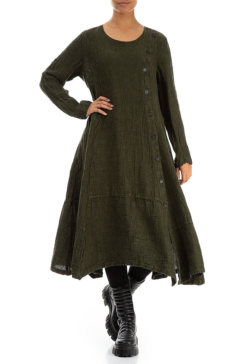 Side Buttons Olive Mélange Linen Dress 4