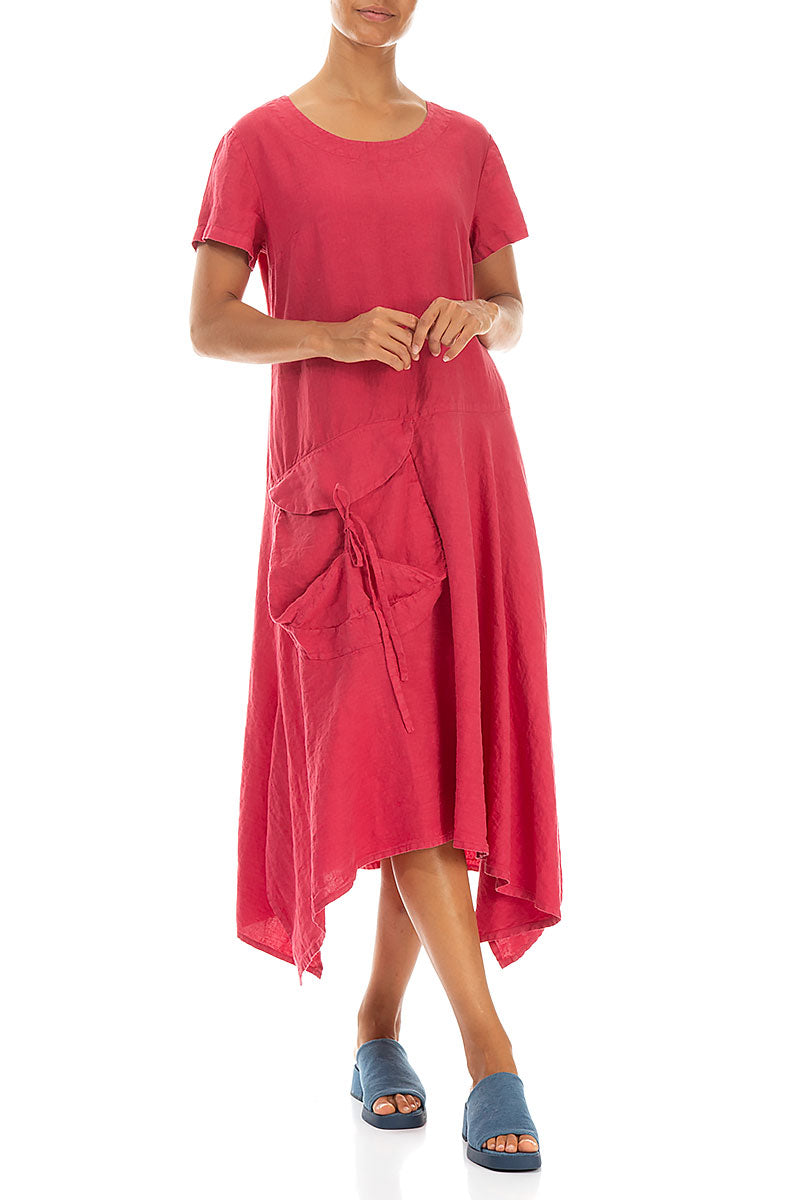 Side Pocket A-Line Raspberry Linen Dress 4