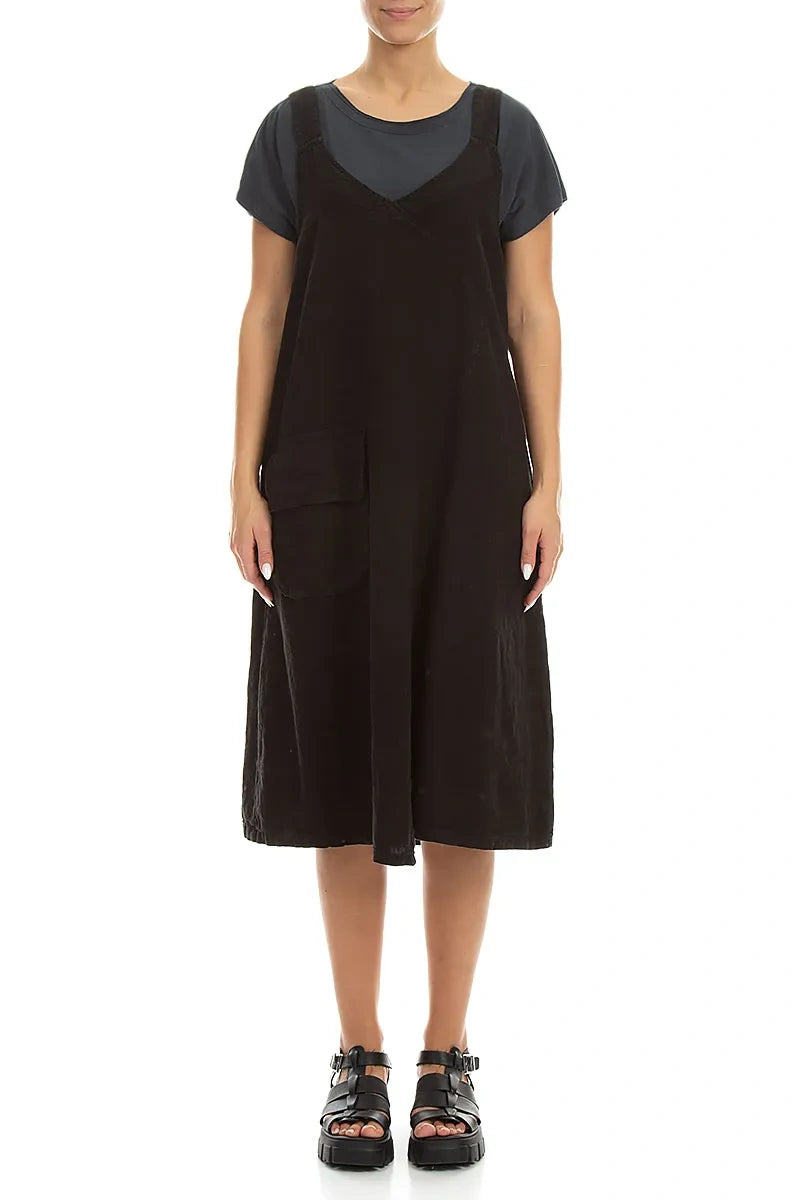 Robe chasuble en lin noir à poches latérales