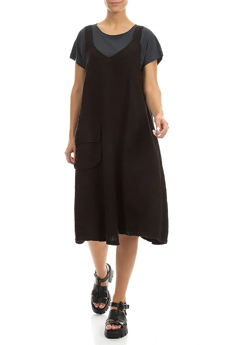 Robe chasuble en lin noir à poches latérales
