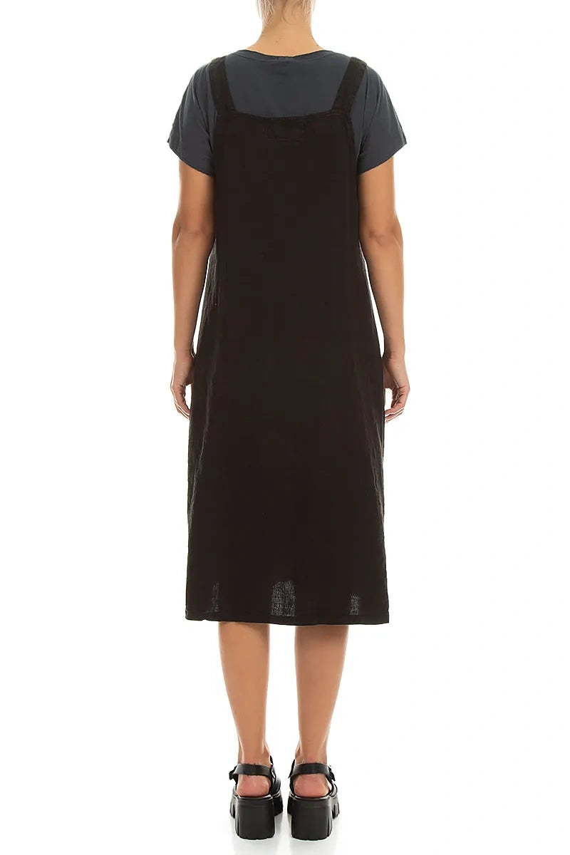 Robe chasuble en lin noir à poches latérales