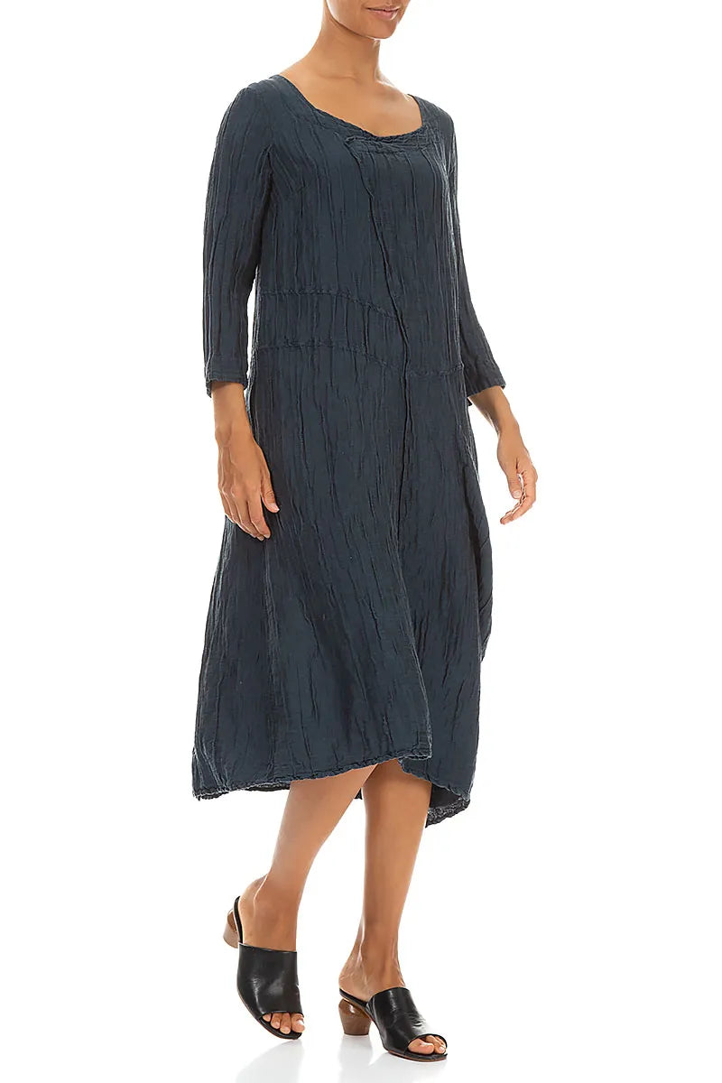 Side Pocket Crinkled Midnight Blue Silk Linen Dress