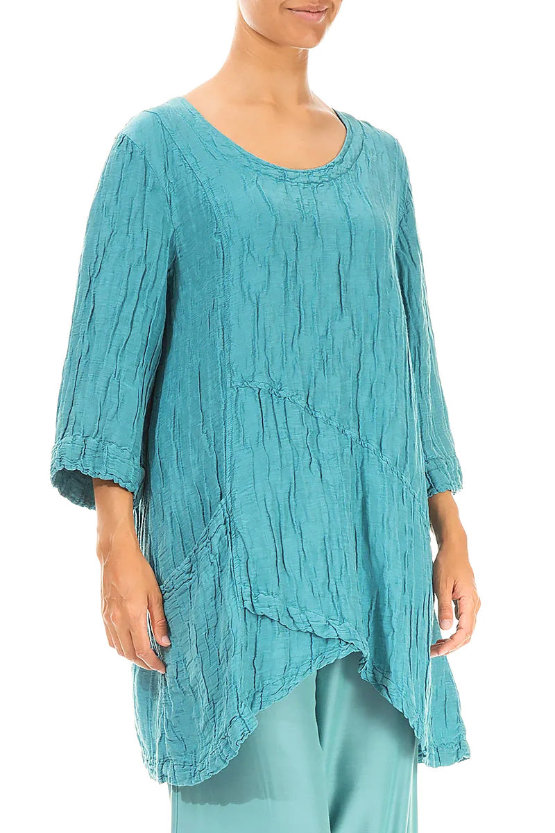 Side Pocket Crinkled Turquoise Silk Linen Tunic 3