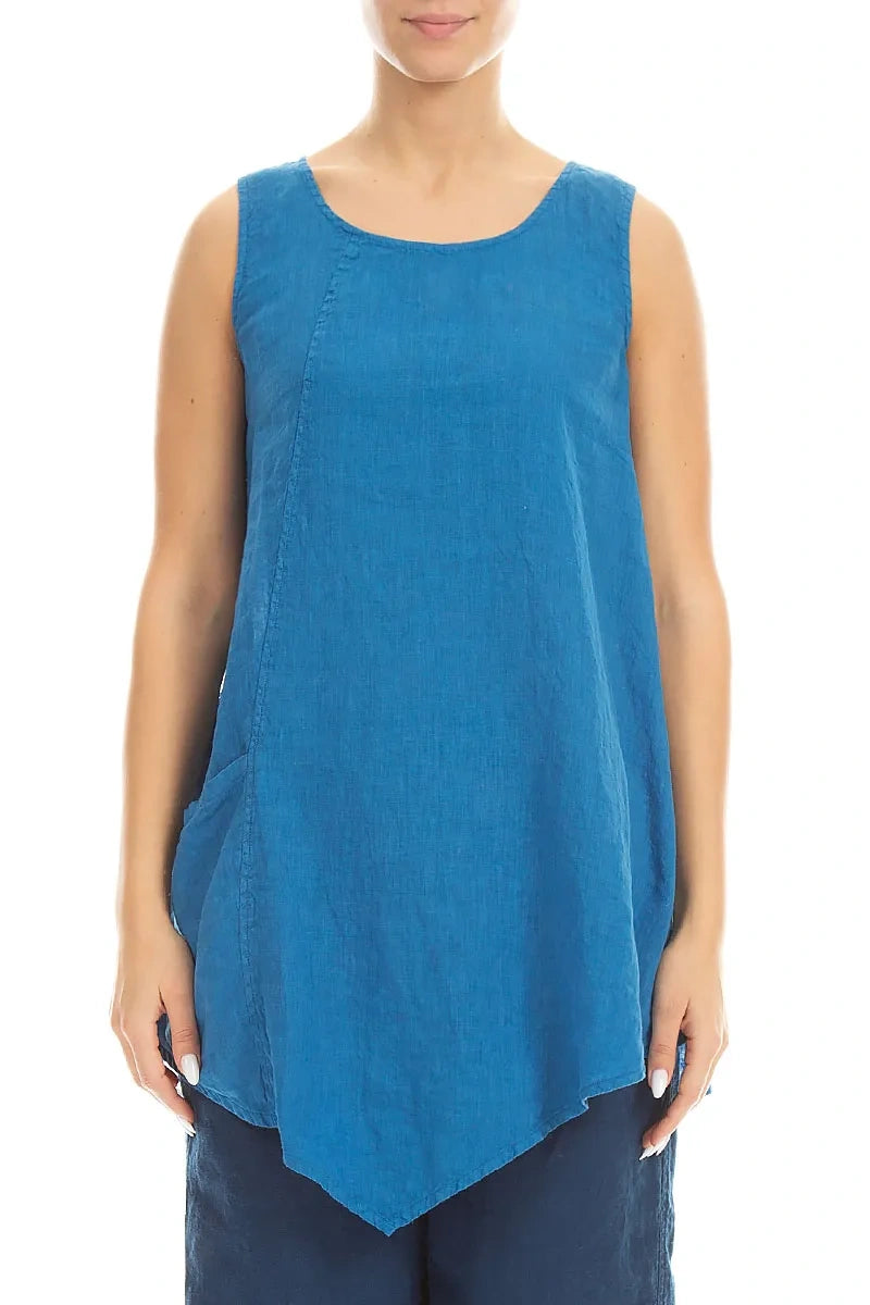 Tunique en lin bleu cobalt sans manches à poches latérales