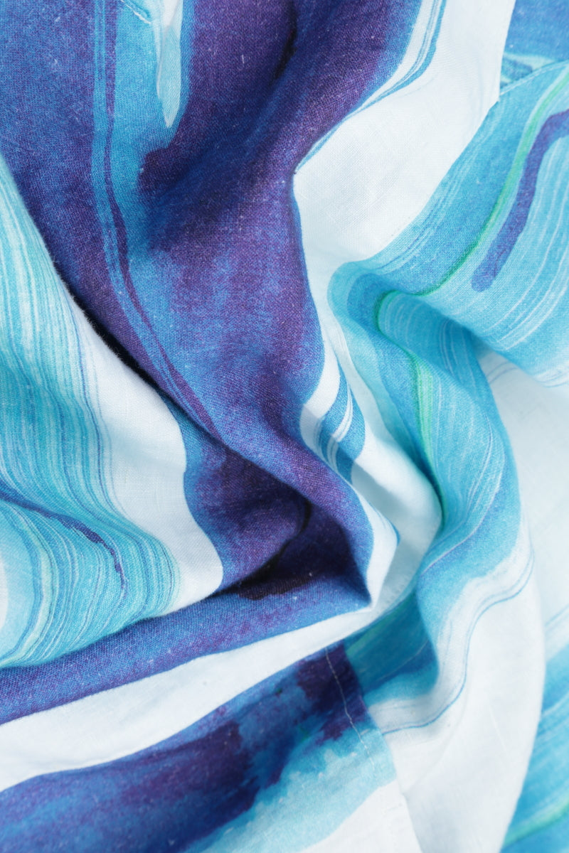 Side Pocket V-Neck Blue Brushstroke Linen Dress