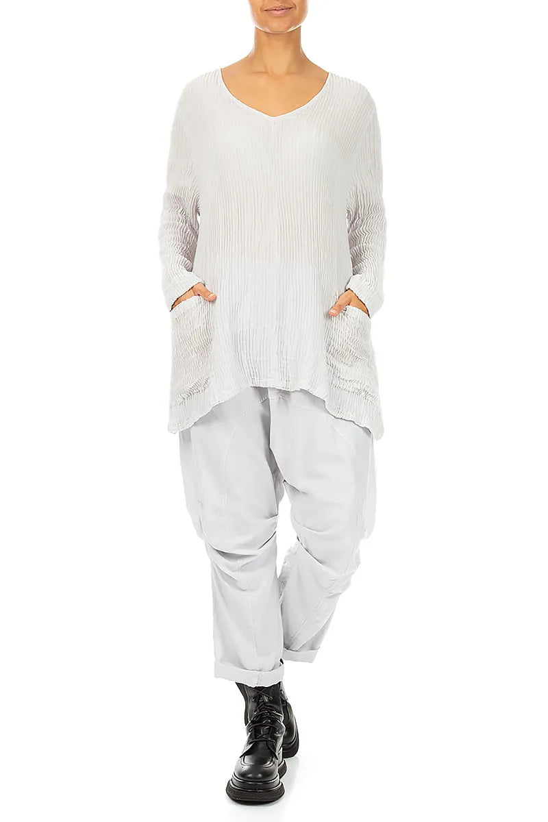 Side Pockets Pearl Grey Plissé Silk Blouse 4