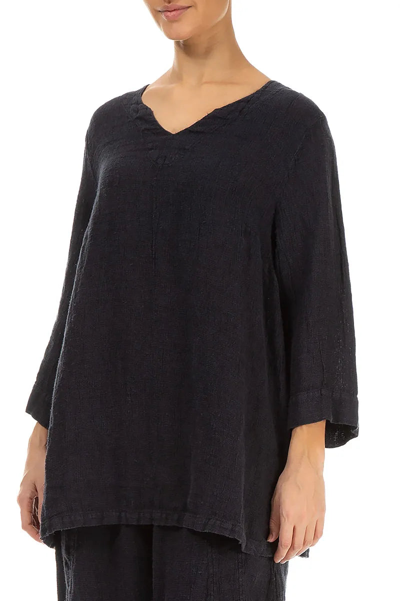 Slate Blue Sweetheart Neck Mélange Linen Blouse 3