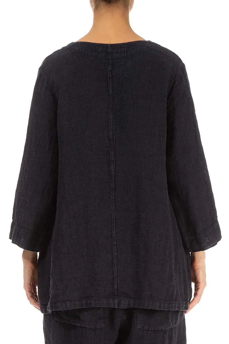 Slate Blue Sweetheart Neck Mélange Linen Blouse 2