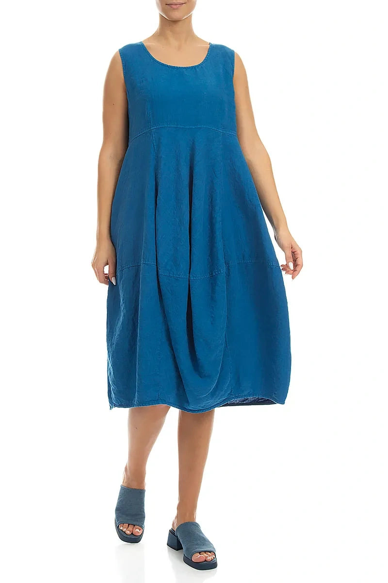Sleeveless Balloon Cobalt Blue Linen Dress 3