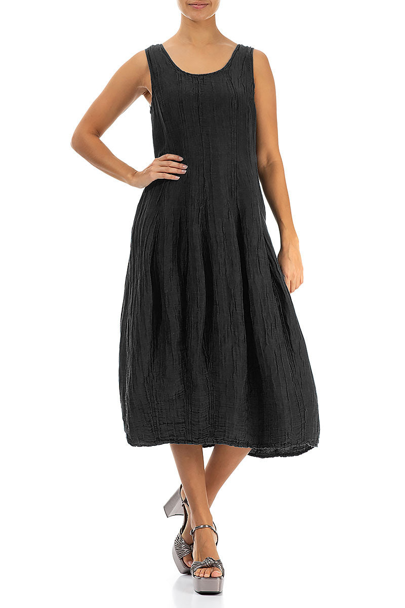 Sleeveless Balloon Crinkled Black Silk Linen Dress 4