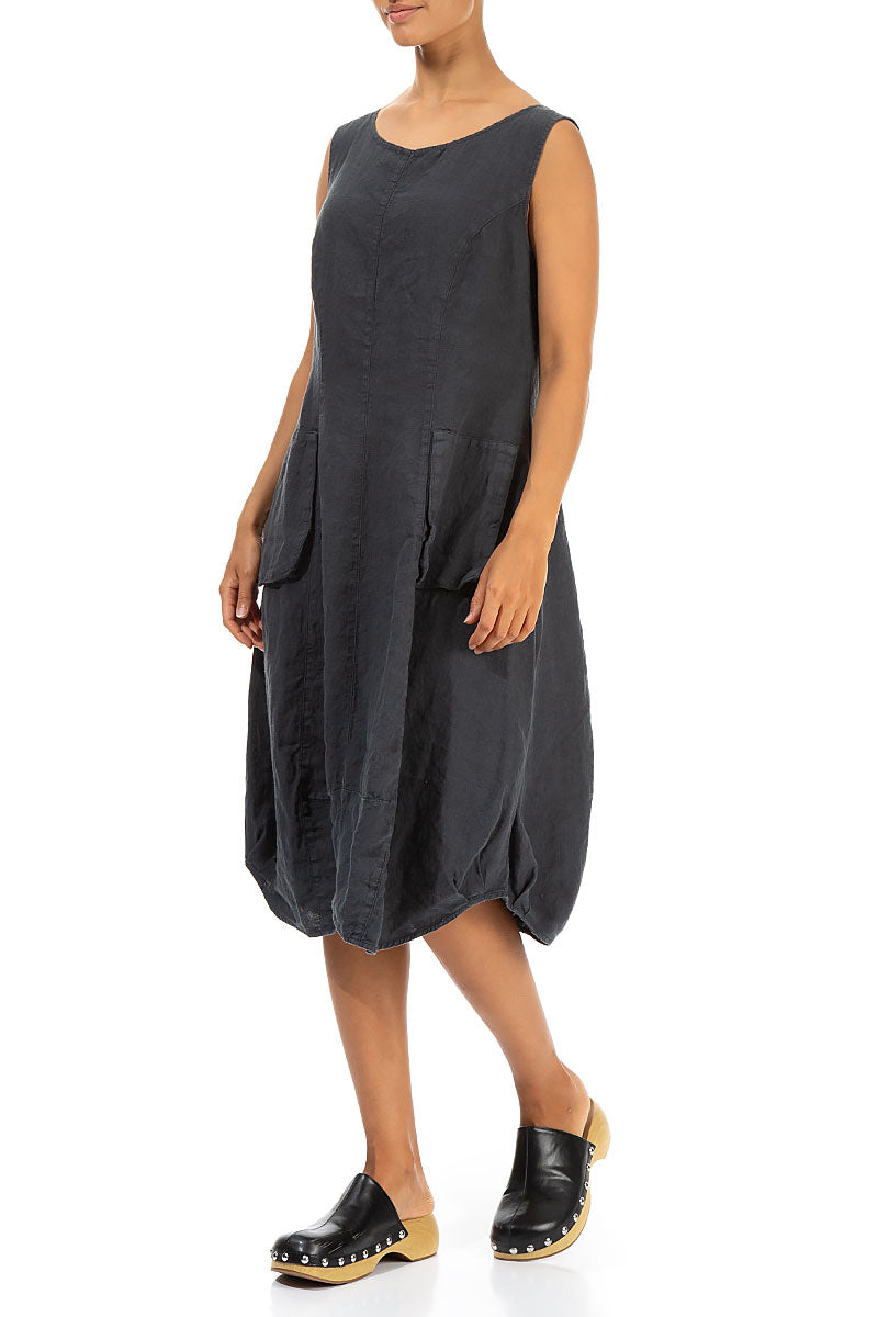 Sleeveless Balloon Pockets Graphite Linen Dress 3