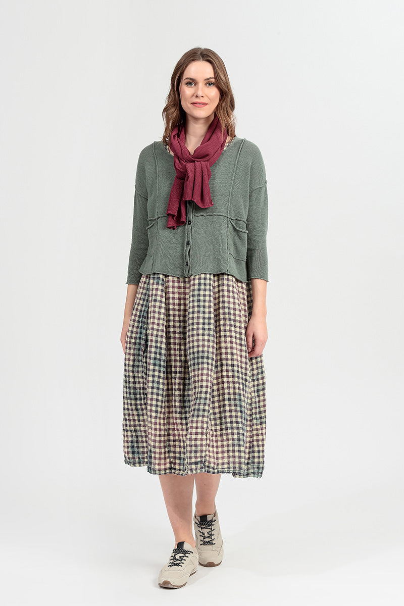 Ärmelloses Leinenkleid mit Ballonmuster und Vintage-Karo