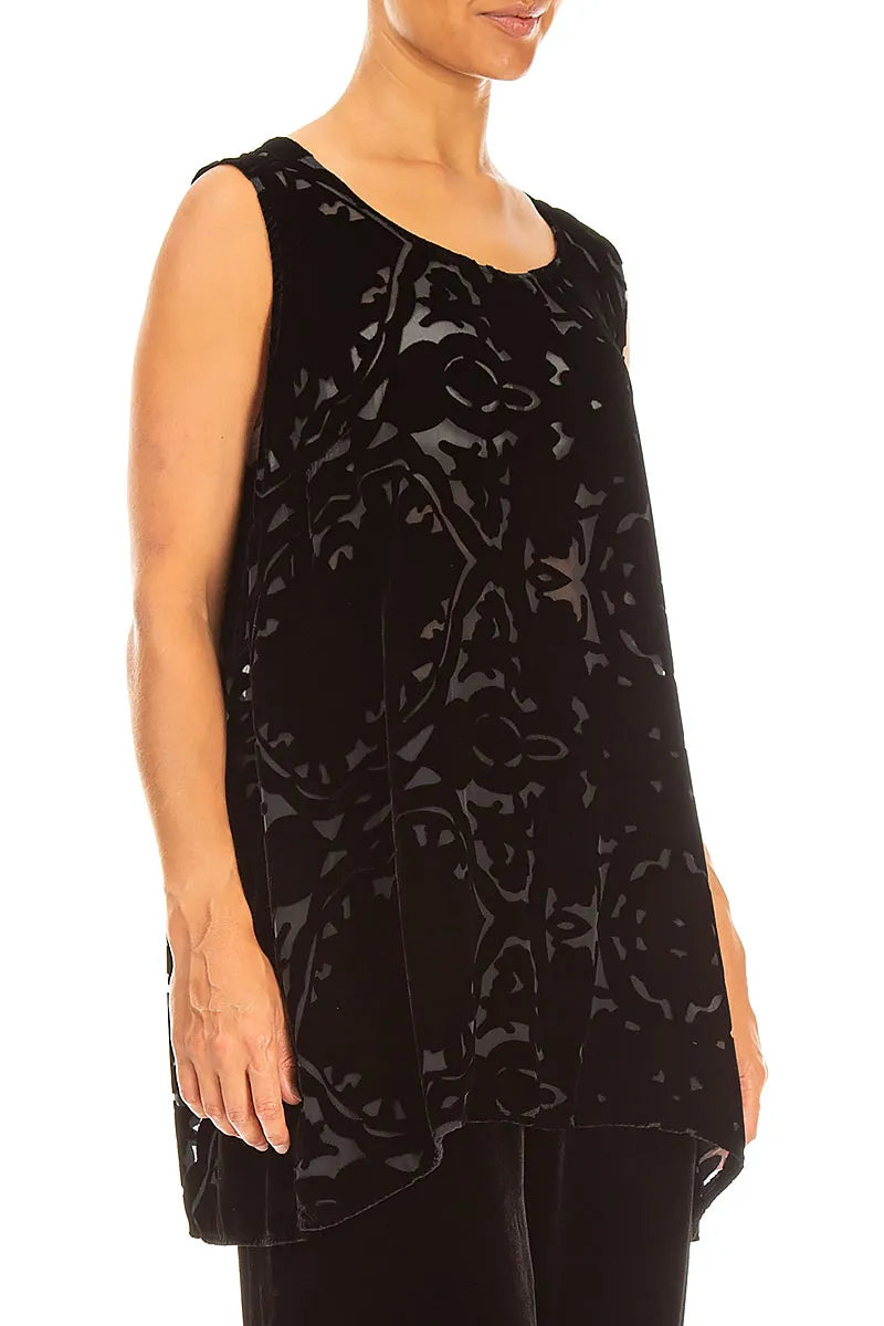 Sleeveless Black Devoré Ornament Silk Velvet Blouse