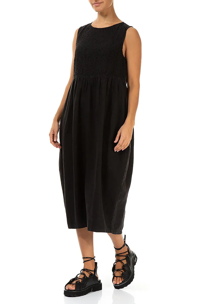 Sleeveless Black Pintuck Linen Dress