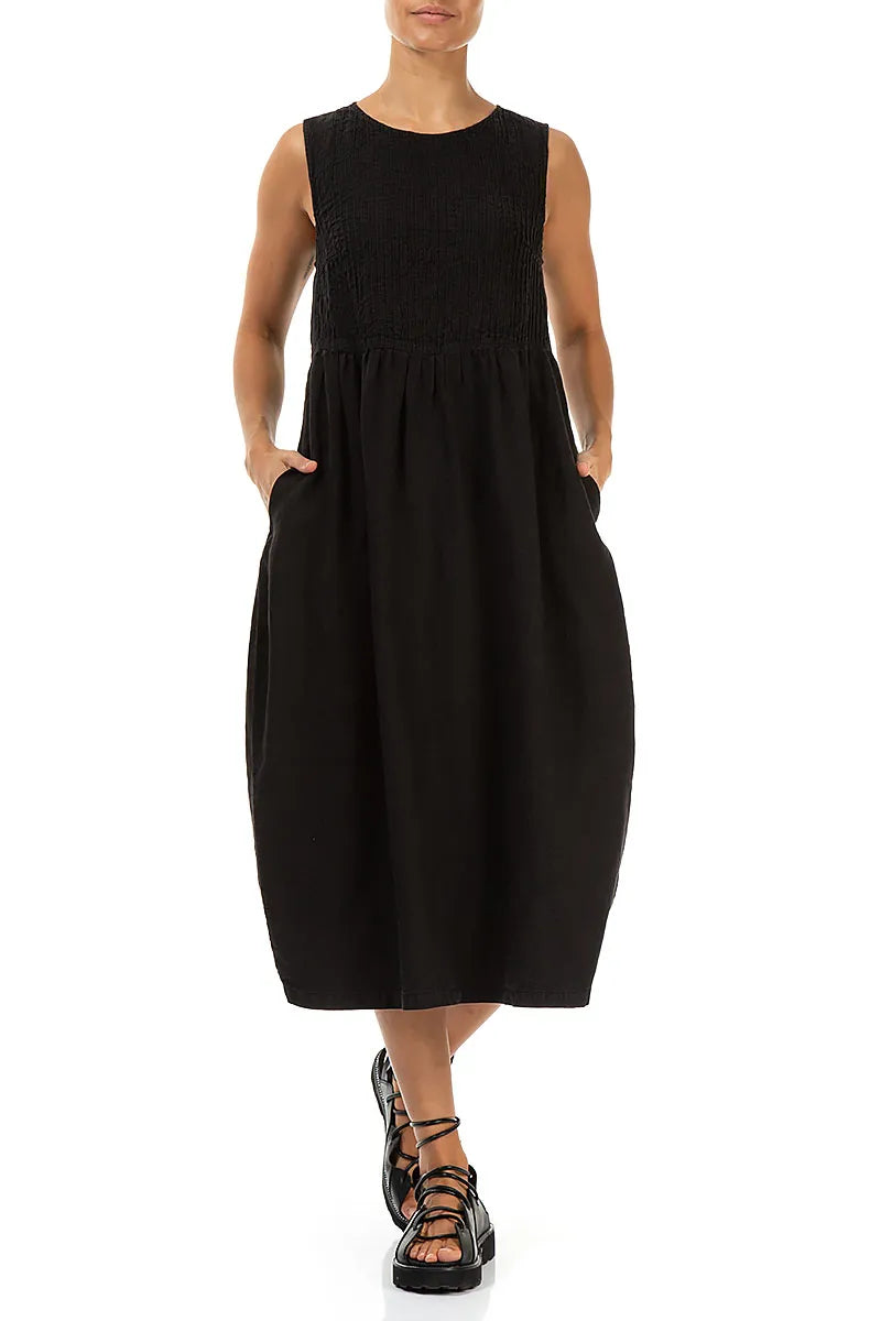 Sleeveless Black Pintuck Linen Dress