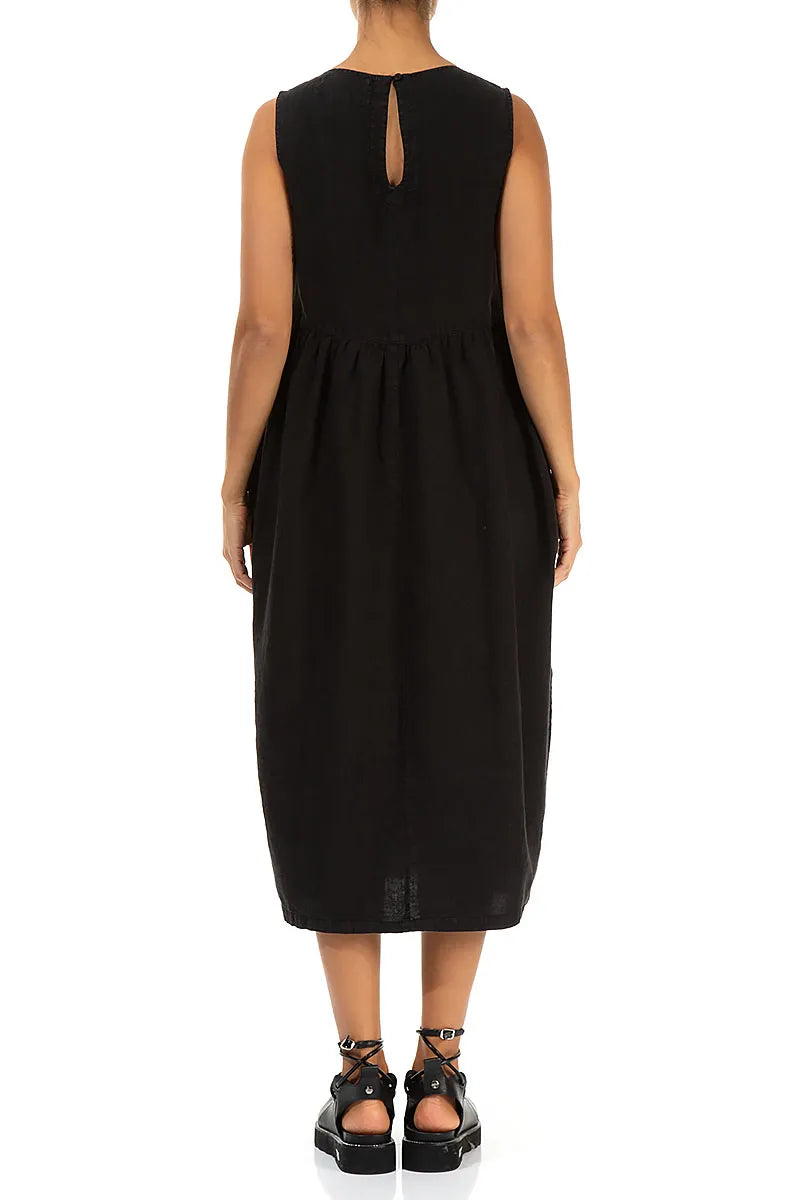 Sleeveless Black Pintuck Linen Dress