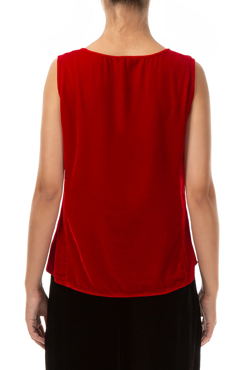 Ärmellose kirschrote Seidensamtbluse